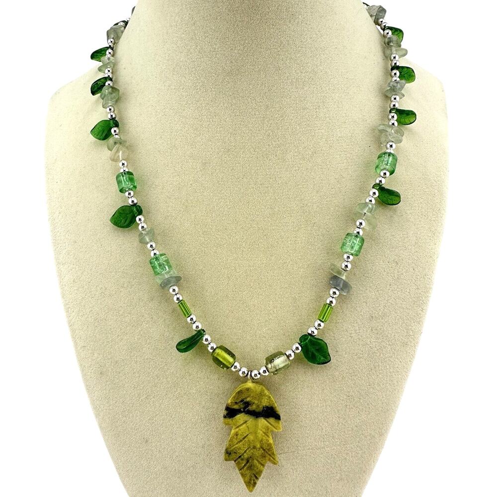 Handmade Serpentine Green Aqua Frosted Glass Beaded Silver Tone 17” Necklace